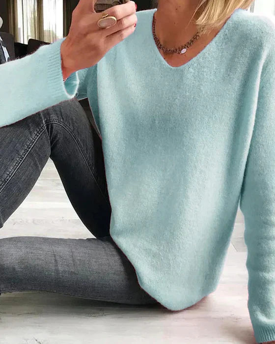 Isabel - Einfacher Einfarbiger Langarmpullover