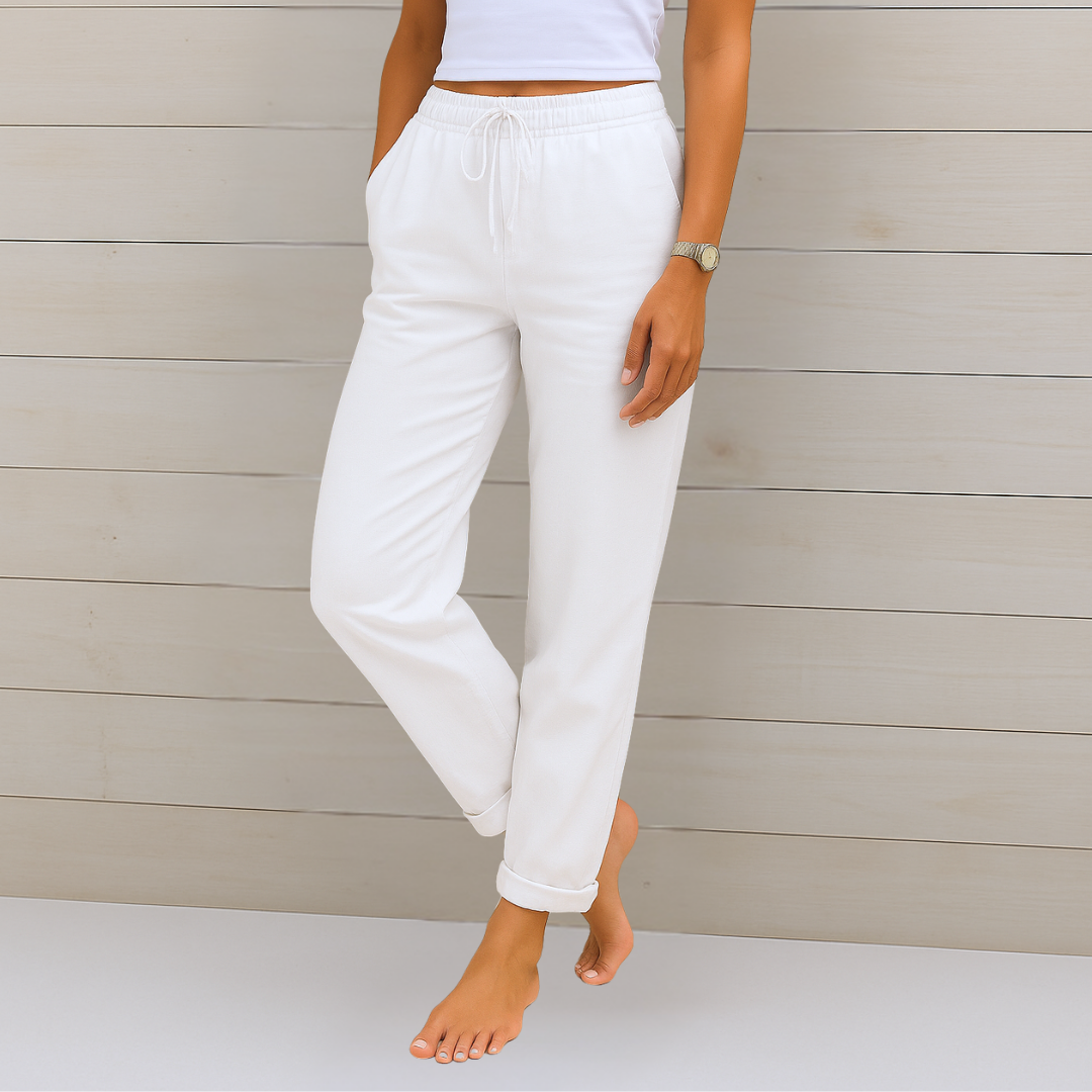Damen-Leinen-Stretchhose mit Kordelzug und Seitentaschen