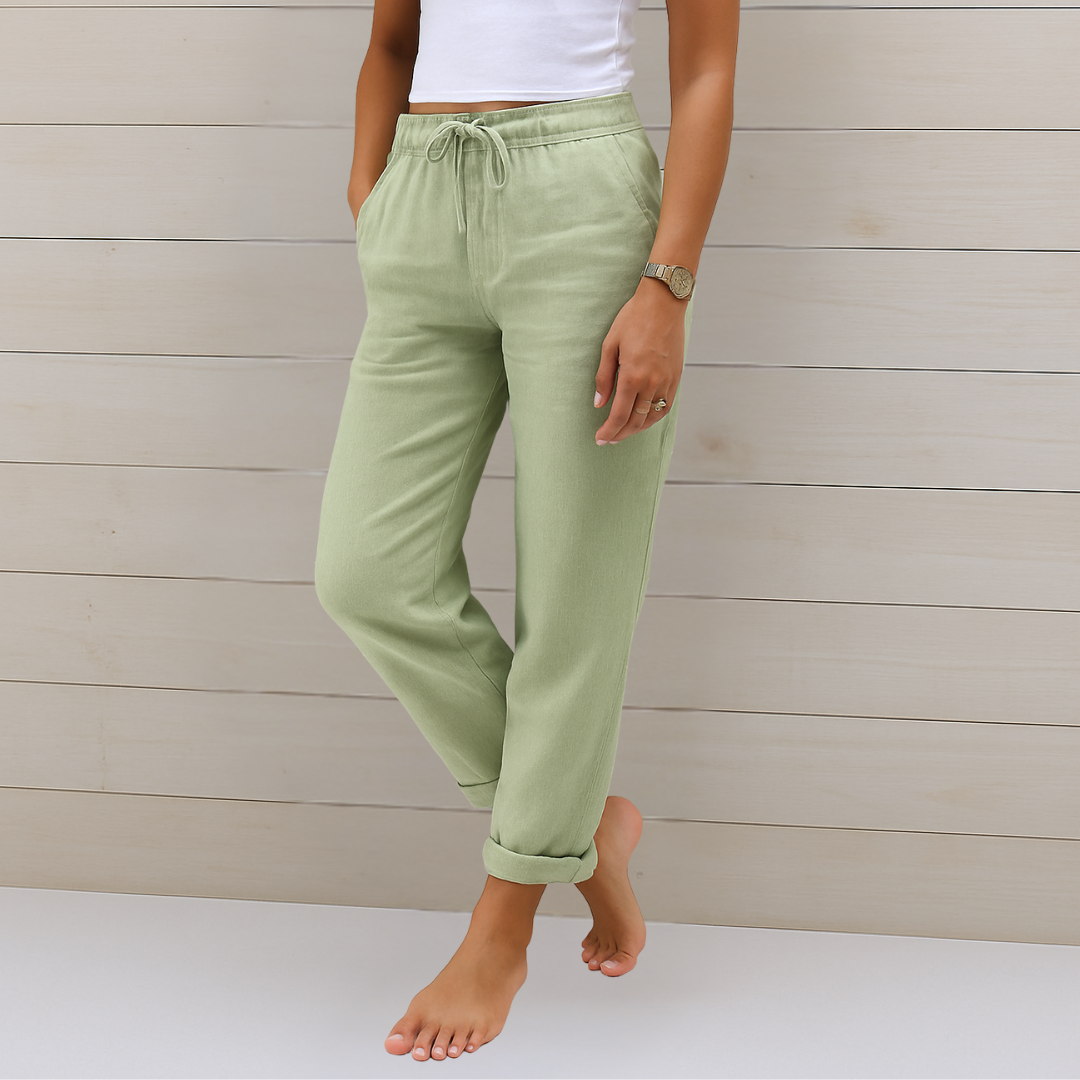 Damen-Leinen-Stretchhose mit Kordelzug und Seitentaschen