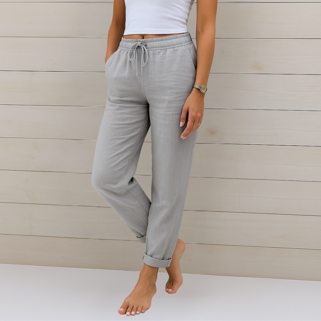 Damen-Leinen-Stretchhose mit Kordelzug und Seitentaschen