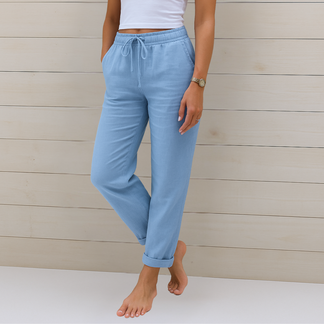 Damen-Leinen-Stretchhose mit Kordelzug und Seitentaschen