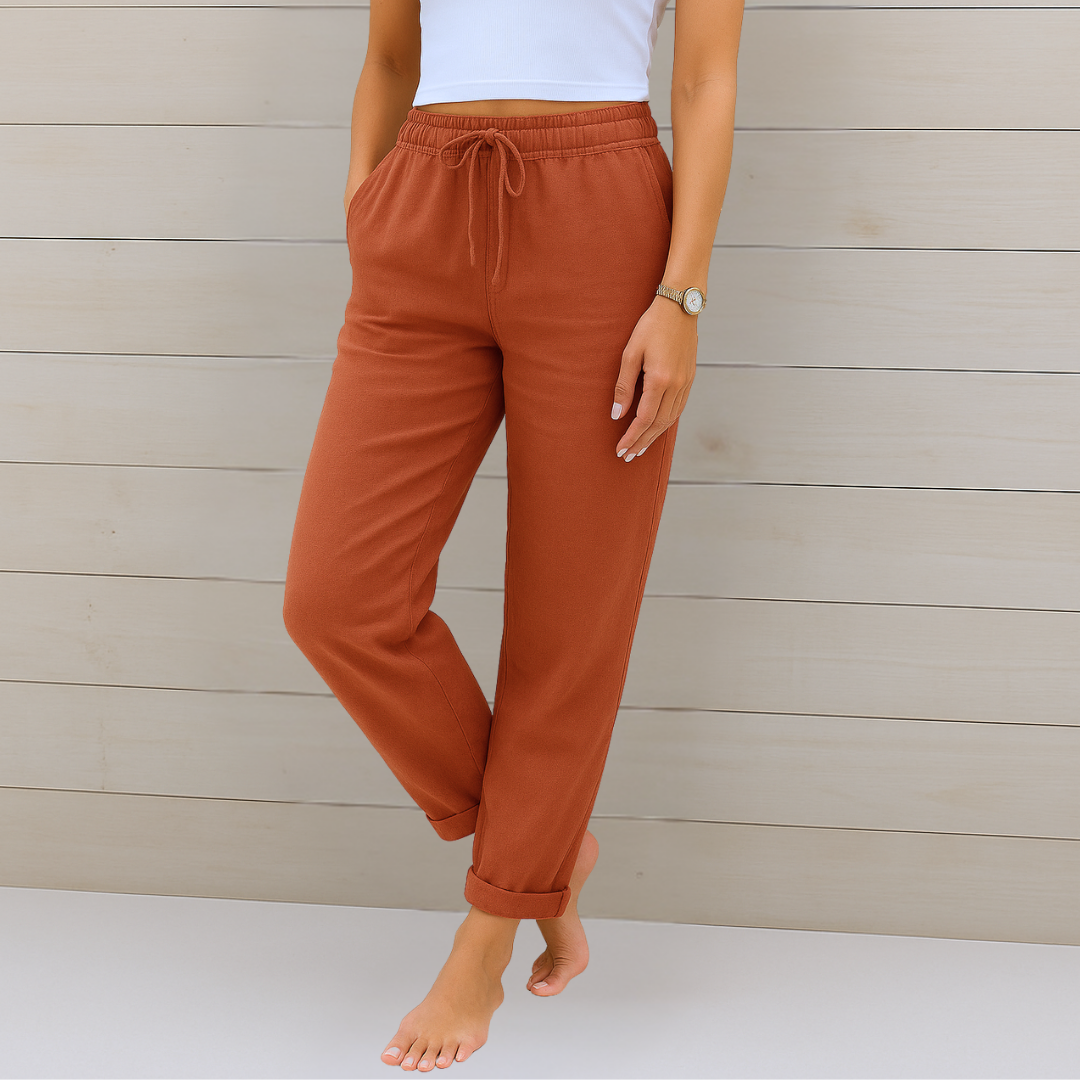 Damen-Leinen-Stretchhose mit Kordelzug und Seitentaschen