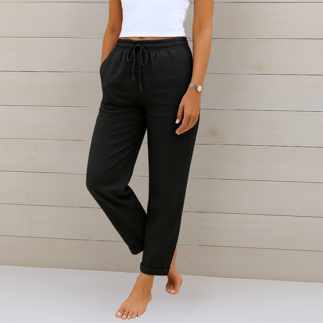 Damen-Leinen-Stretchhose mit Kordelzug und Seitentaschen