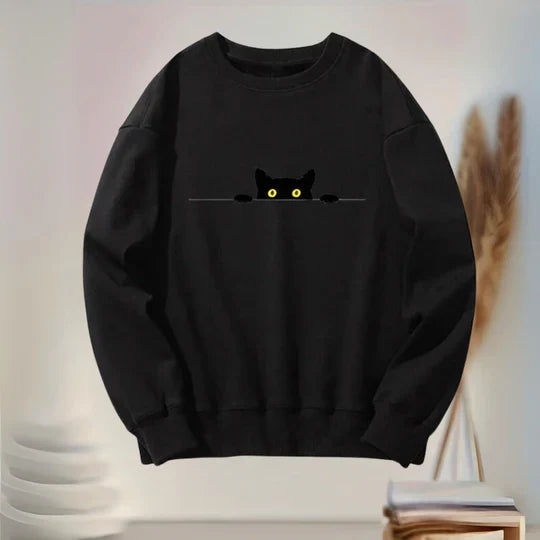 Pearl - Bequemes damen sweatshirt mit schwarzem katzenprint