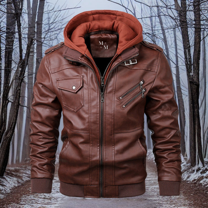 Louis - Hochwertige warme lederjacke mit kapuze