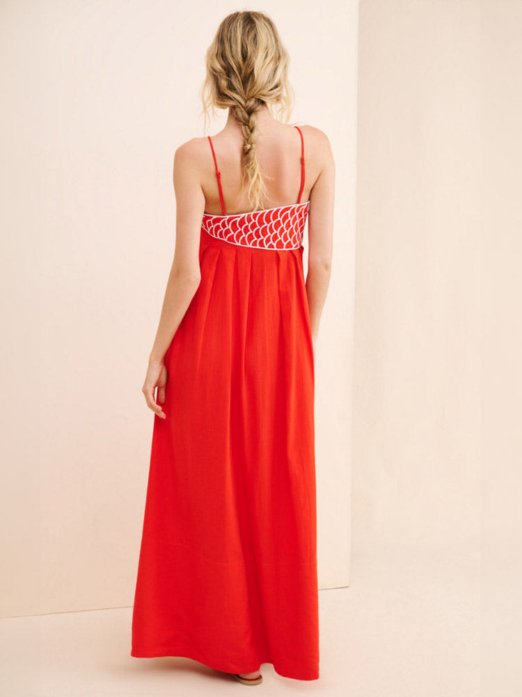 Aria - Maxikleid aus Leinenmischung mit Fischstickerei