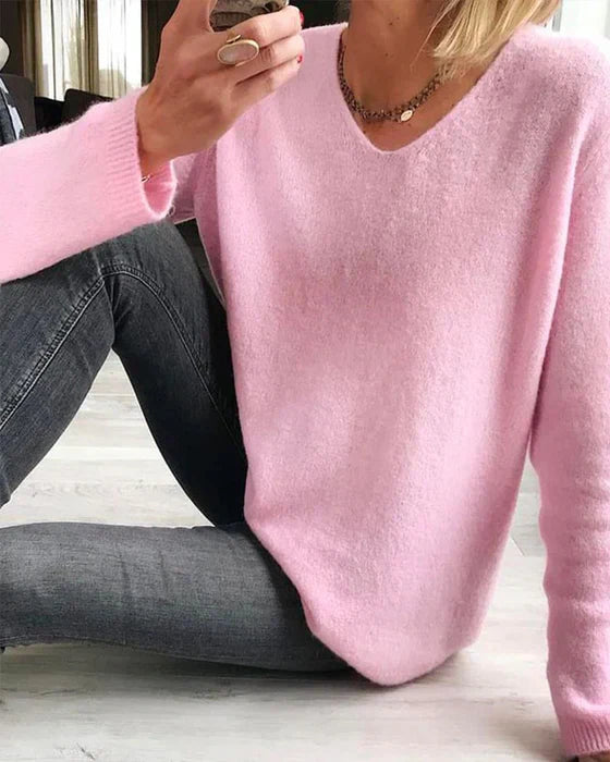 Isabel - Einfacher Einfarbiger Langarmpullover