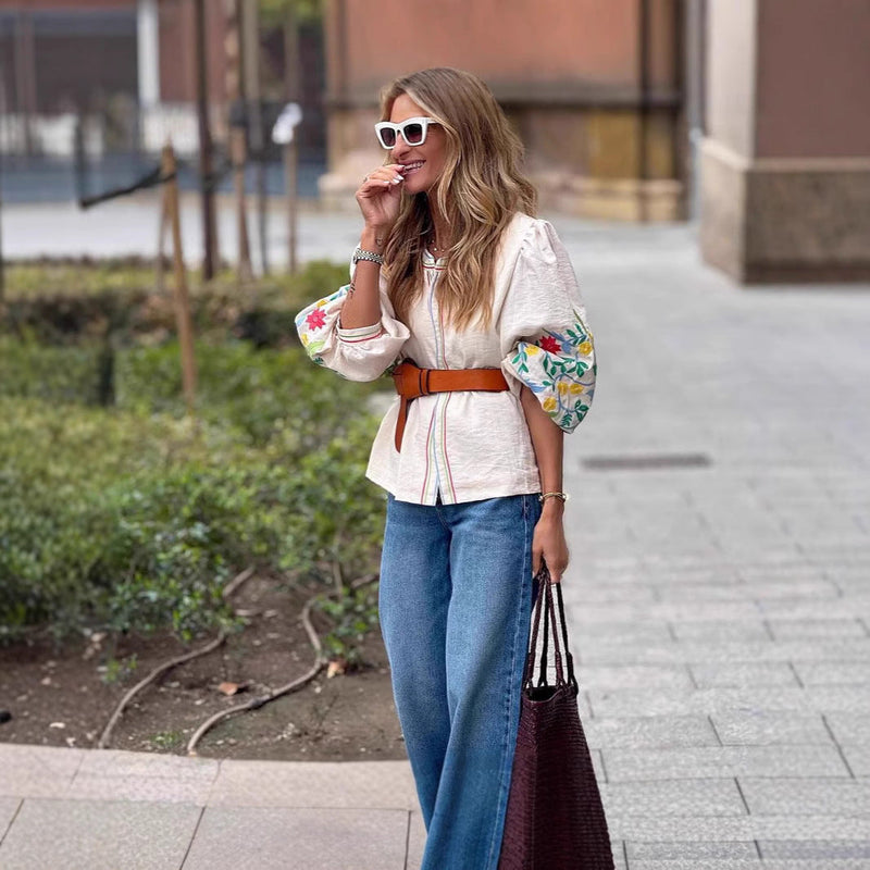 Bluse mit Blumenstickerei und Taillengürtel für Damen