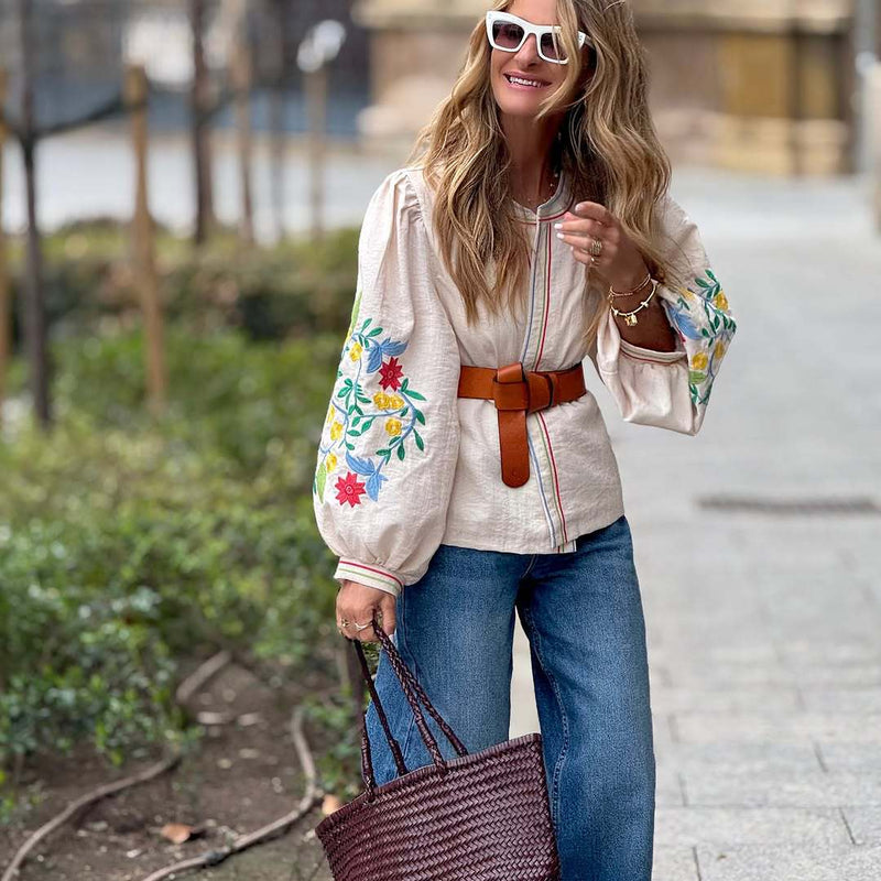 Bluse mit Blumenstickerei und Taillengürtel für Damen
