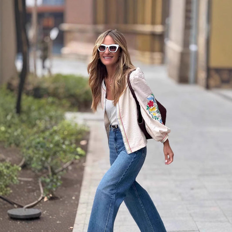 Bluse mit Blumenstickerei und Taillengürtel für Damen