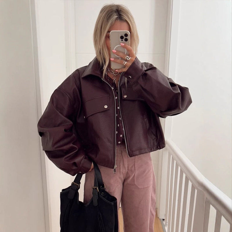 Kurzjacke aus Kunstleder mit Volumenärmeln für Damen