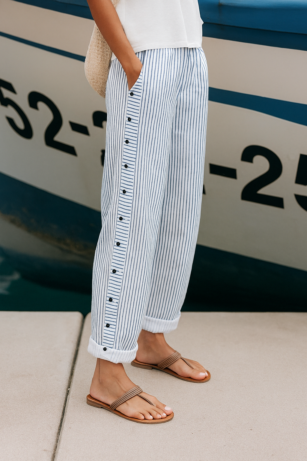 Damenhose aus Leinen-Baumwolle mit Kordelzug und Taschen