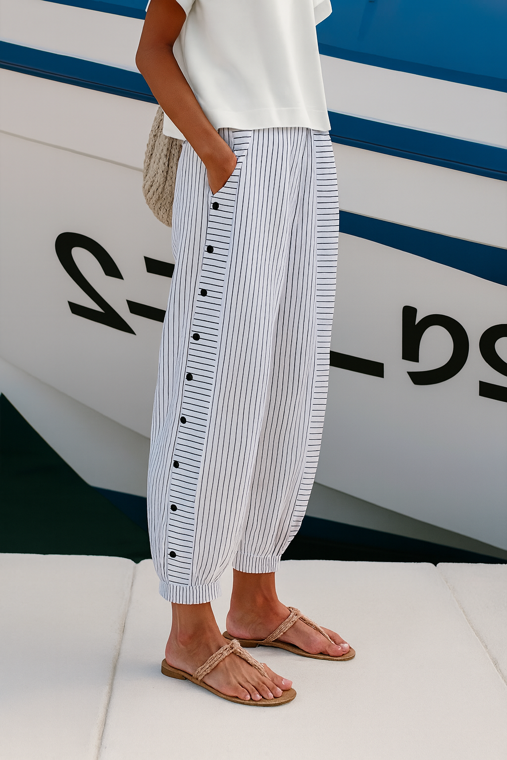 Damenhose aus Leinen-Baumwolle mit Kordelzug und Taschen