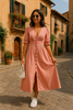 Damen-Midikleid mit Knopfleiste und gebundenen Ärmeln