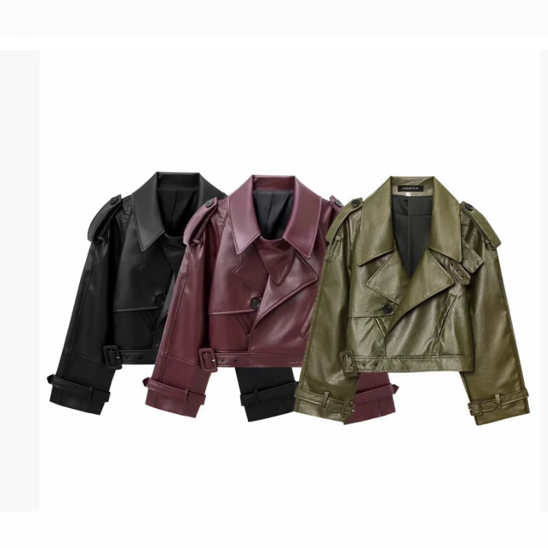 Cropped Bikerjacke aus Kunstleder für Damen