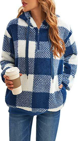 Halbzip-Kapuzenpullover mit Karomuster für Damen