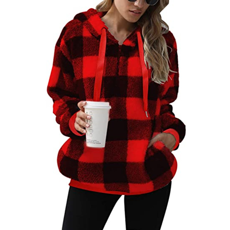 Halbzip-Kapuzenpullover mit Karomuster für Damen