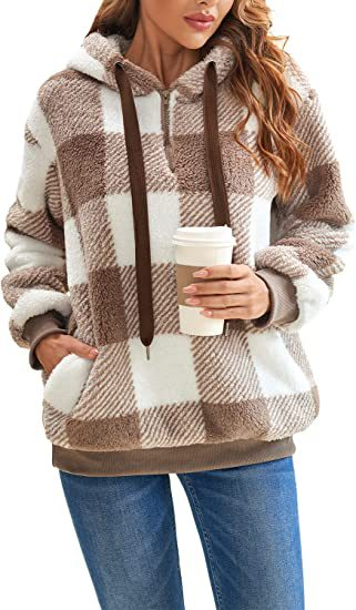Halbzip-Kapuzenpullover mit Karomuster für Damen