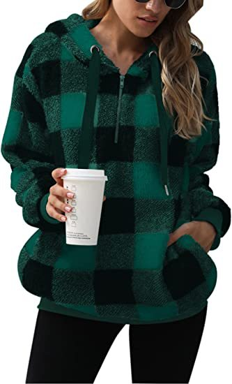 Halbzip-Kapuzenpullover mit Karomuster für Damen