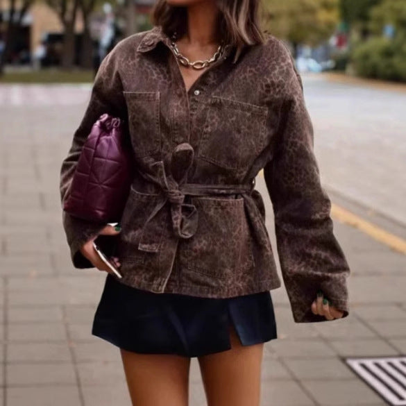 Denim Jacke mit Taillengürtel und Animal Print für Damen