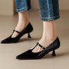 Damen-Schuhe aus echtem Leder mit T-Riemchen und Kitten-Heel