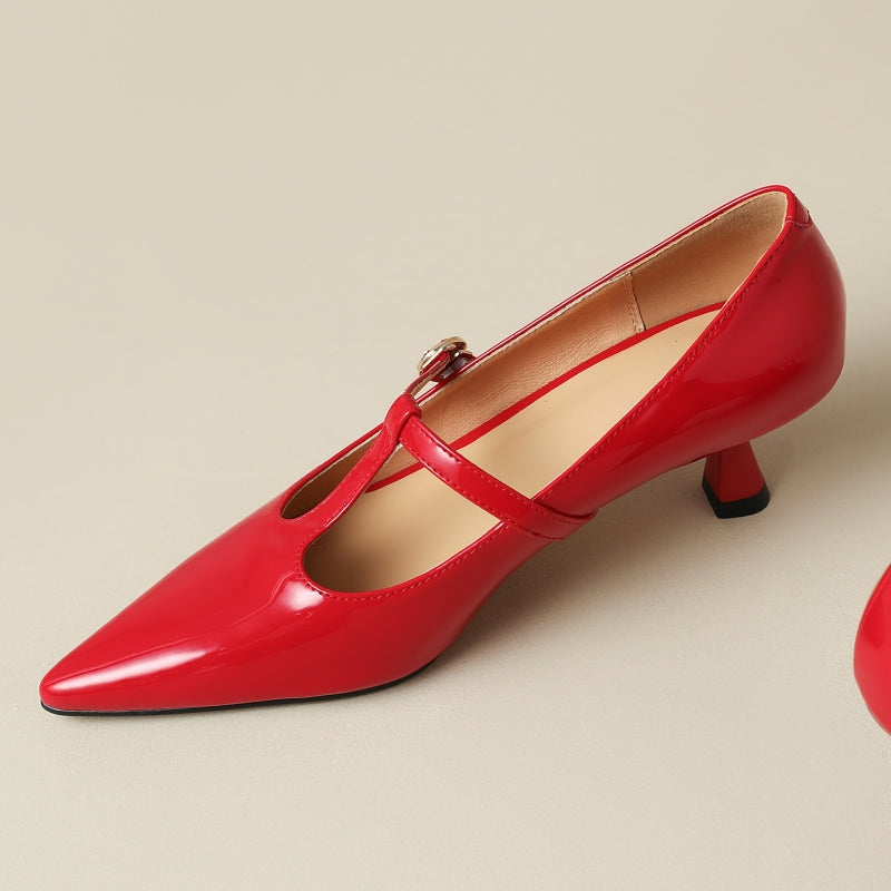 Damen-Schuhe aus echtem Leder mit T-Riemchen und Kitten-Heel