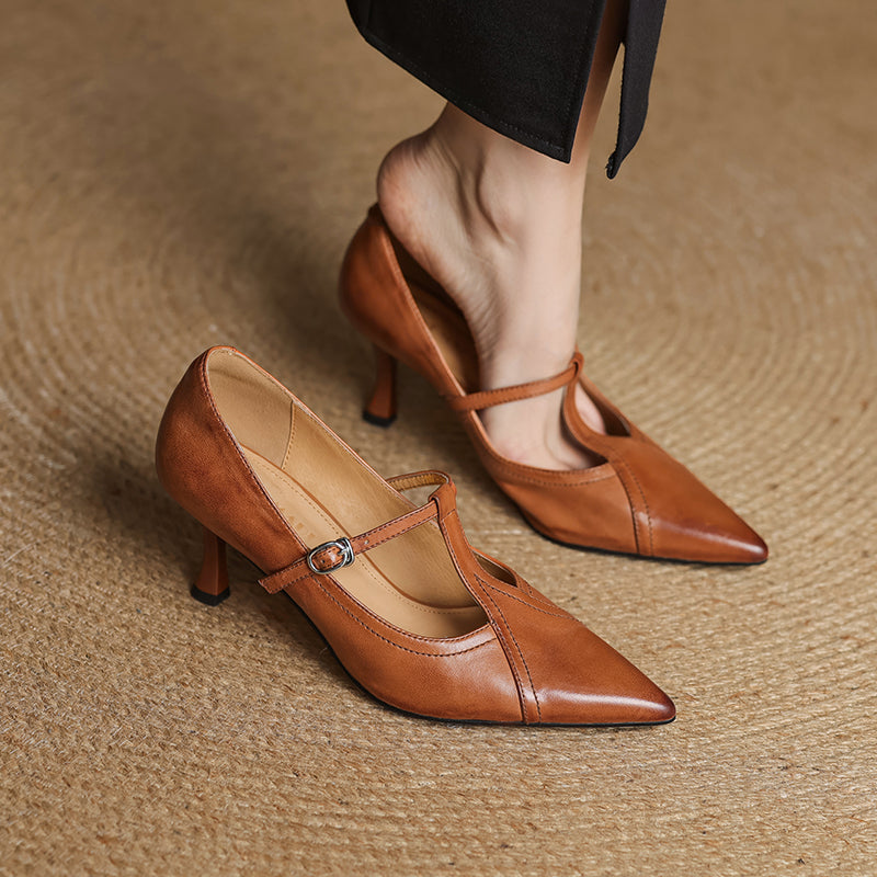 Damen-Lederpumps mit spitzer Zehenpartie und T-Riemchen