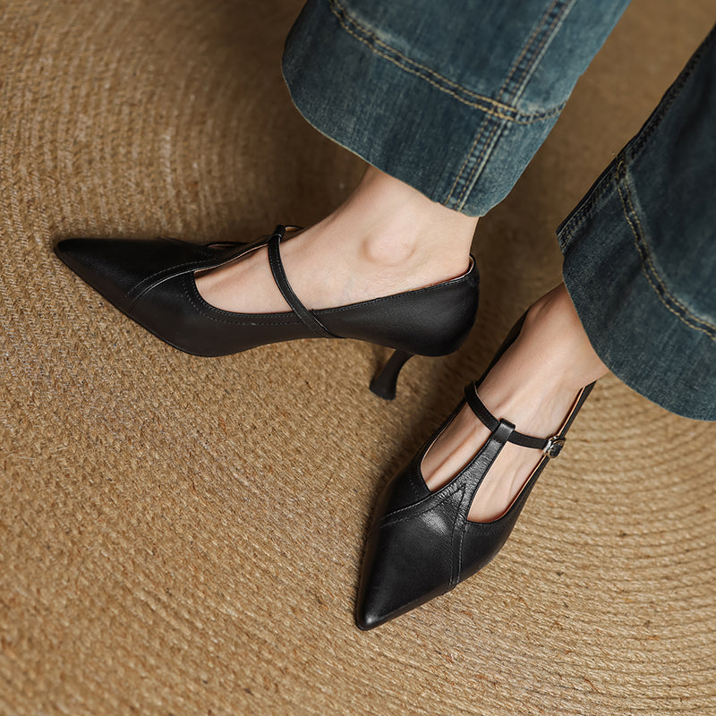 Damen-Lederpumps mit spitzer Zehenpartie und T-Riemchen