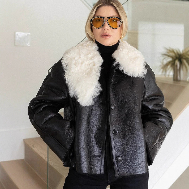 Kunstlederjacke mit Fellkragen für Damen