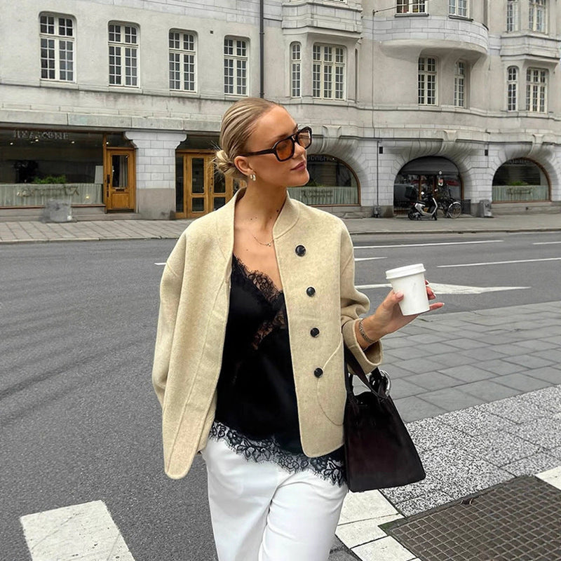 Wolljacke mit Knopfleiste und Puffärmeln für Damen