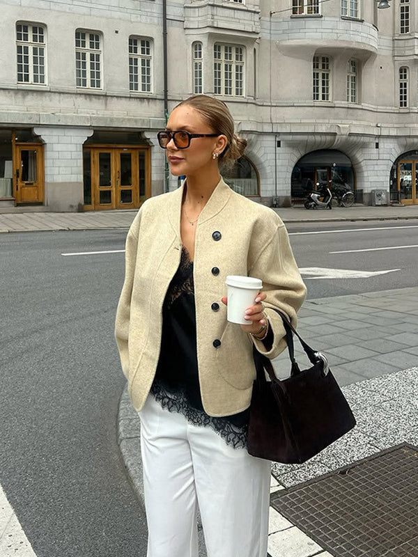 Wolljacke mit Knopfleiste und Puffärmeln für Damen