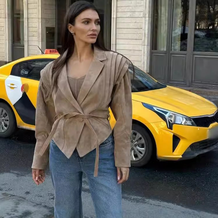 Faux-Leder Bikerjacke für Damen mit verstellbarem Gürtel