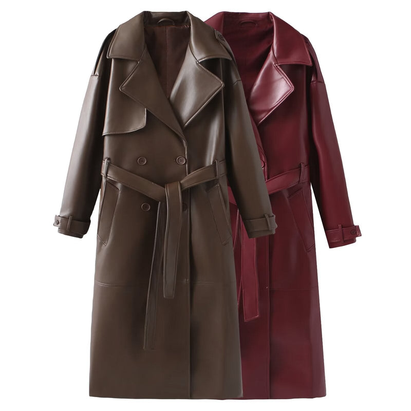 Faux-Leder Trenchcoat für Damen mit verstellbarem Gürtel