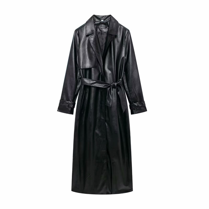 Faux-Leder Trenchcoat für Damen mit verstellbarem Gürtel