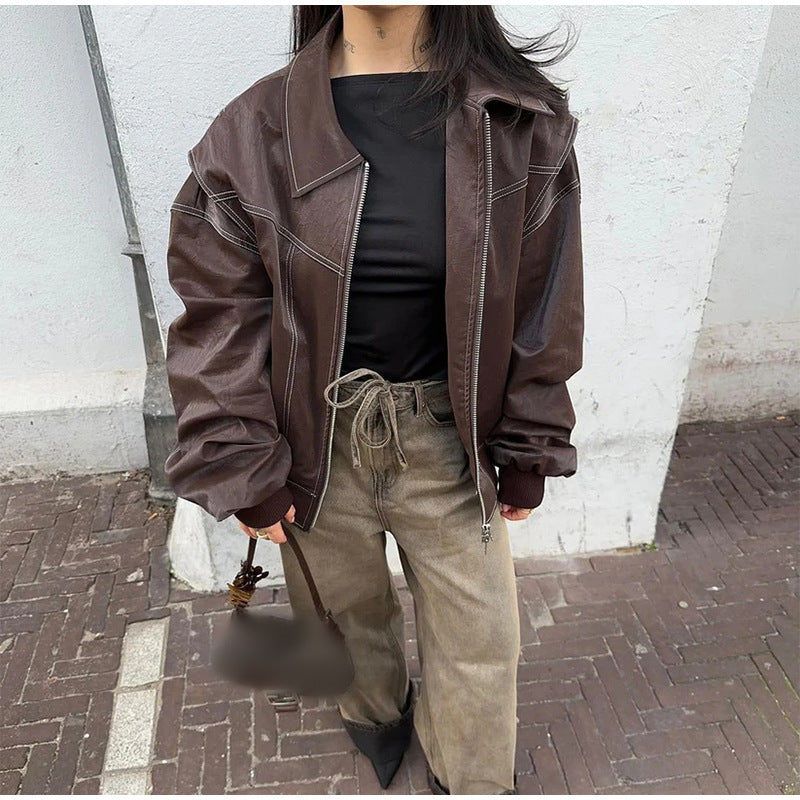 Faux-Lederjacke mit auffälligem Kragen für Damen