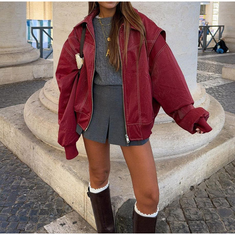 Faux-Lederjacke mit auffälligem Kragen für Damen