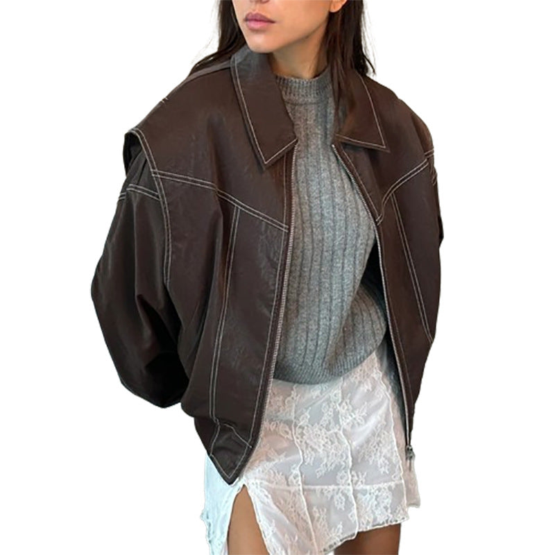 Faux-Lederjacke mit auffälligem Kragen für Damen