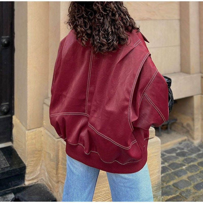 Faux-Lederjacke mit auffälligem Kragen für Damen