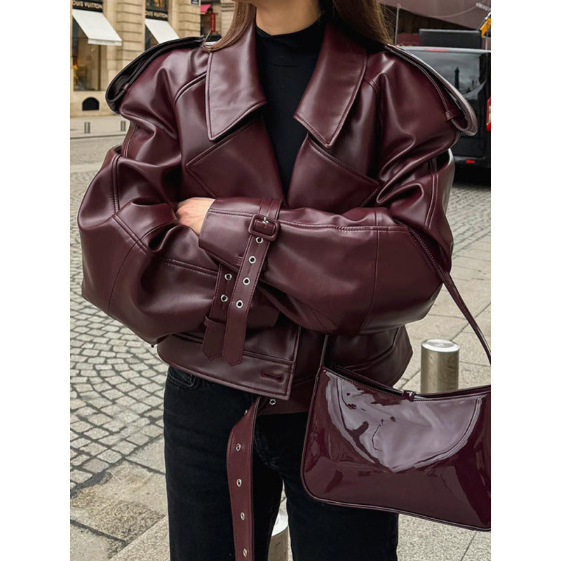 Fauxlederjacke mit Volumenärmeln für Damen
