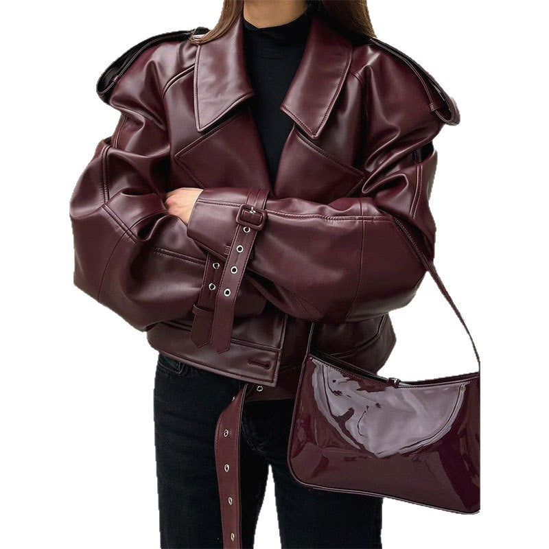 Fauxlederjacke mit Volumenärmeln für Damen