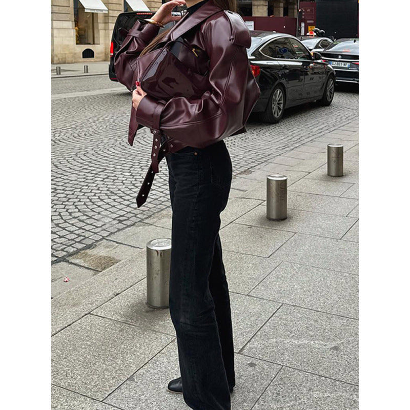 Fauxlederjacke mit Volumenärmeln für Damen