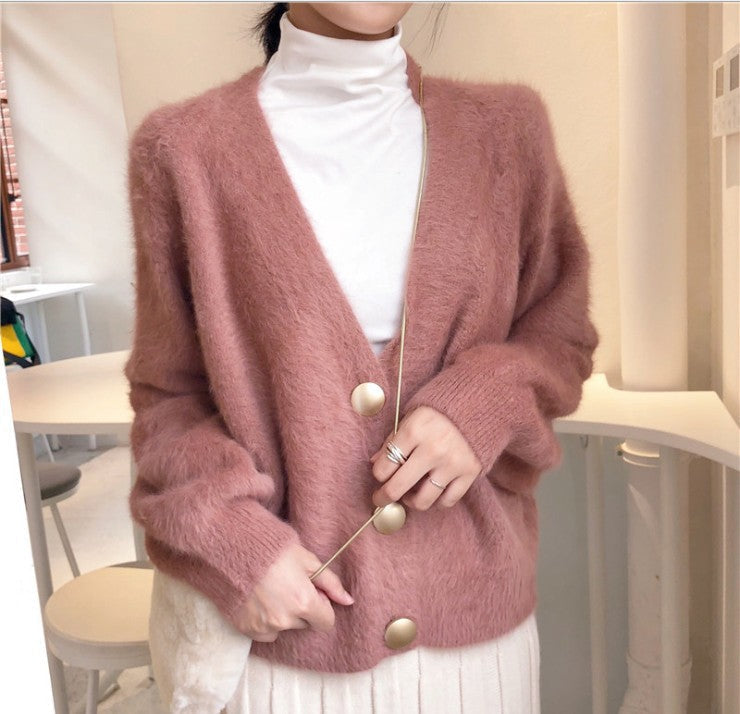 Flauschige Strickjacke mit großen Knöpfen für Damen