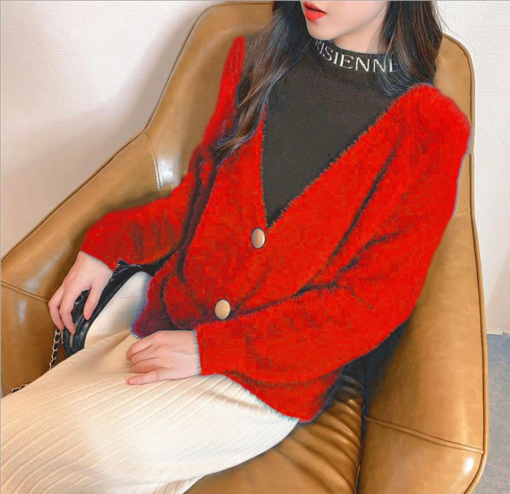 Flauschige Strickjacke mit großen Knöpfen für Damen