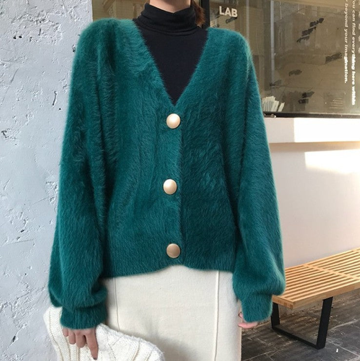 Flauschige Strickjacke mit großen Knöpfen für Damen