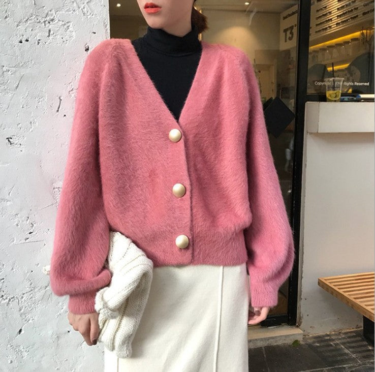 Flauschige Strickjacke mit großen Knöpfen für Damen