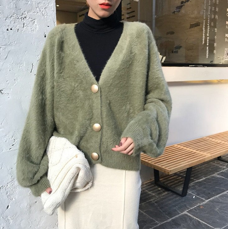 Flauschige Strickjacke mit großen Knöpfen für Damen