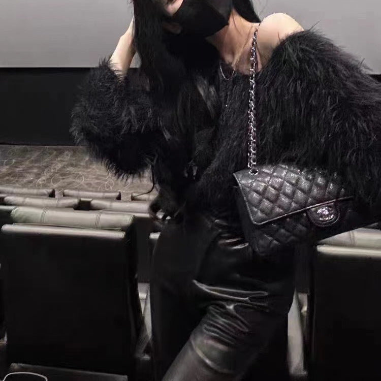 Flauschiger Schulterfreier Pullover mit langen Ärmeln für Damen