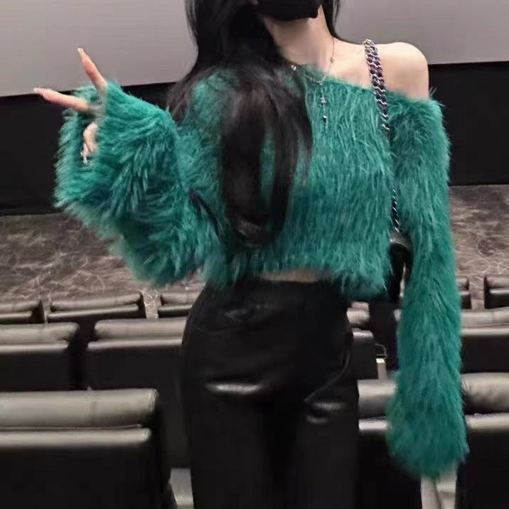 Flauschiger Schulterfreier Pullover mit langen Ärmeln für Damen