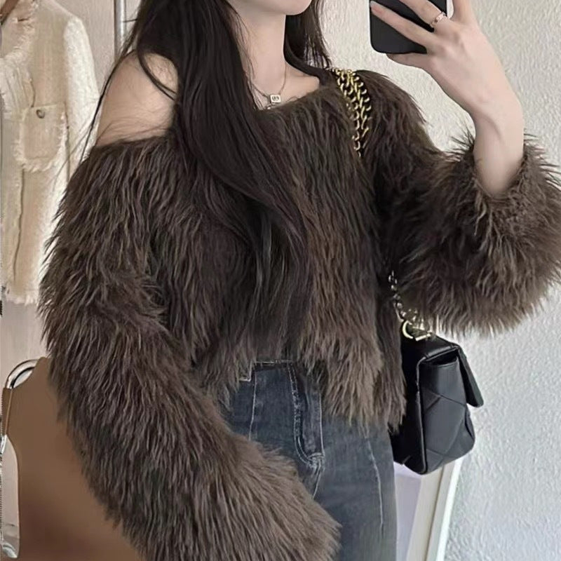 Flauschiger Schulterfreier Pullover mit langen Ärmeln für Damen