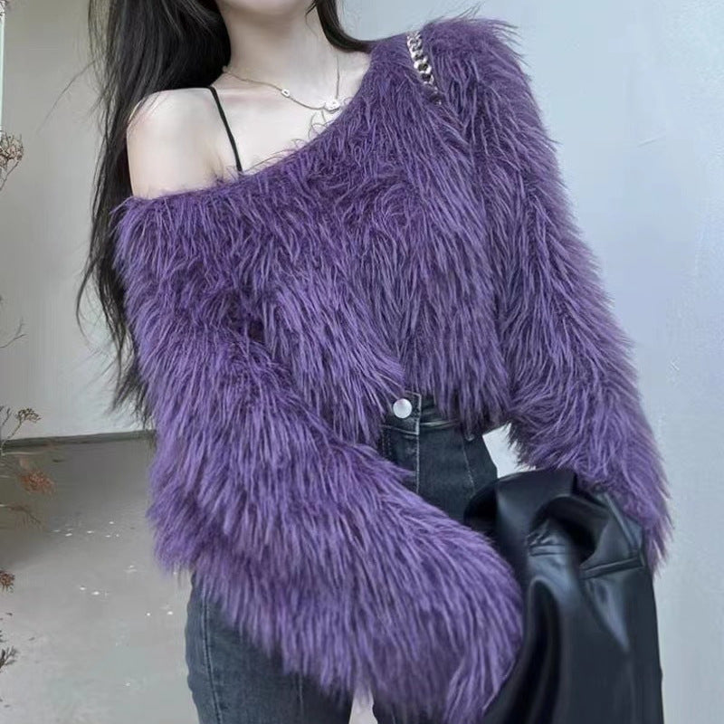 Flauschiger Schulterfreier Pullover mit langen Ärmeln für Damen